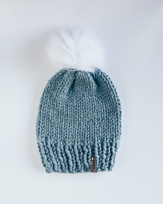 Bulky Hand Knit Pom Beanie - Ice