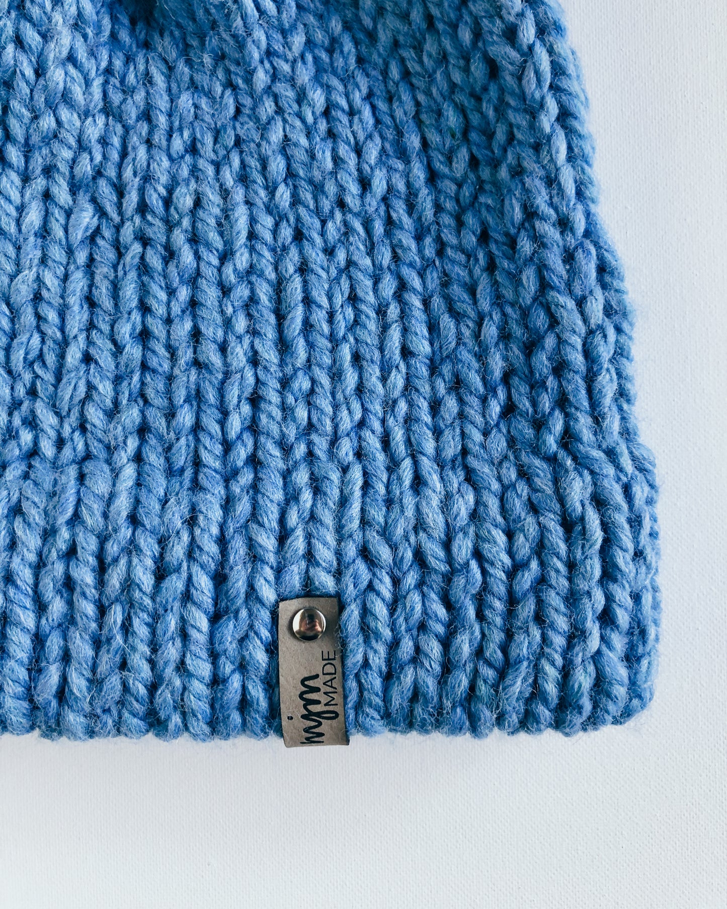 Bulky Hand Knit Pom Beanie - Light Blue