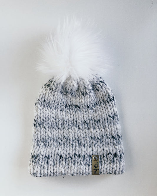 Bulky Hand Knit Pom Beanie - Marble