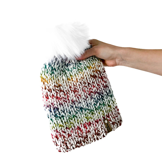 Bulky Double Knit Pom Beanie - Rainbow