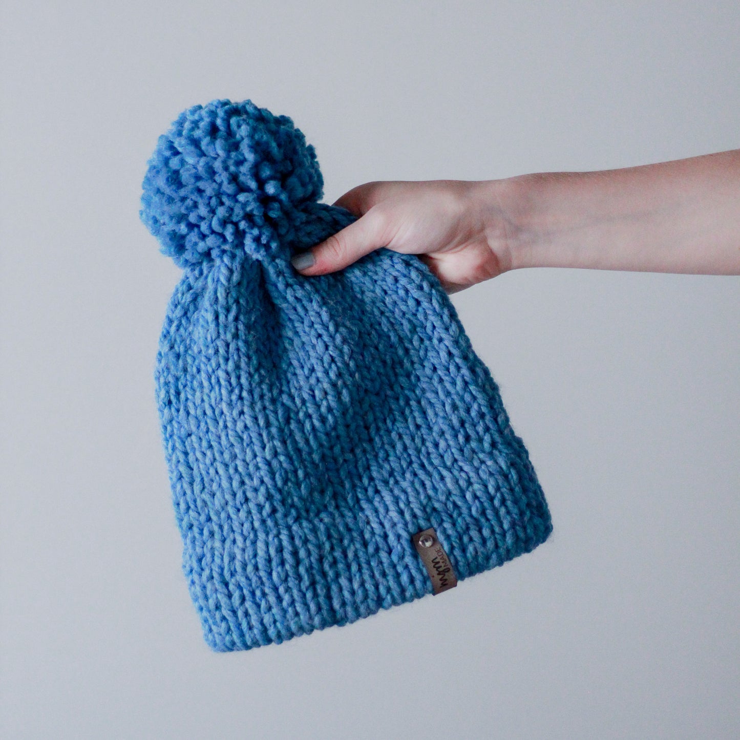 Bulky Hand Knit Pom Beanie - Light Blue