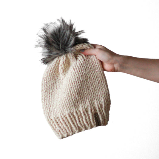 Bulky Hand Knit Pom Beanie - Metallic Gold