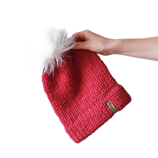 Bulky Hand Knit Pom Beanie - Pink