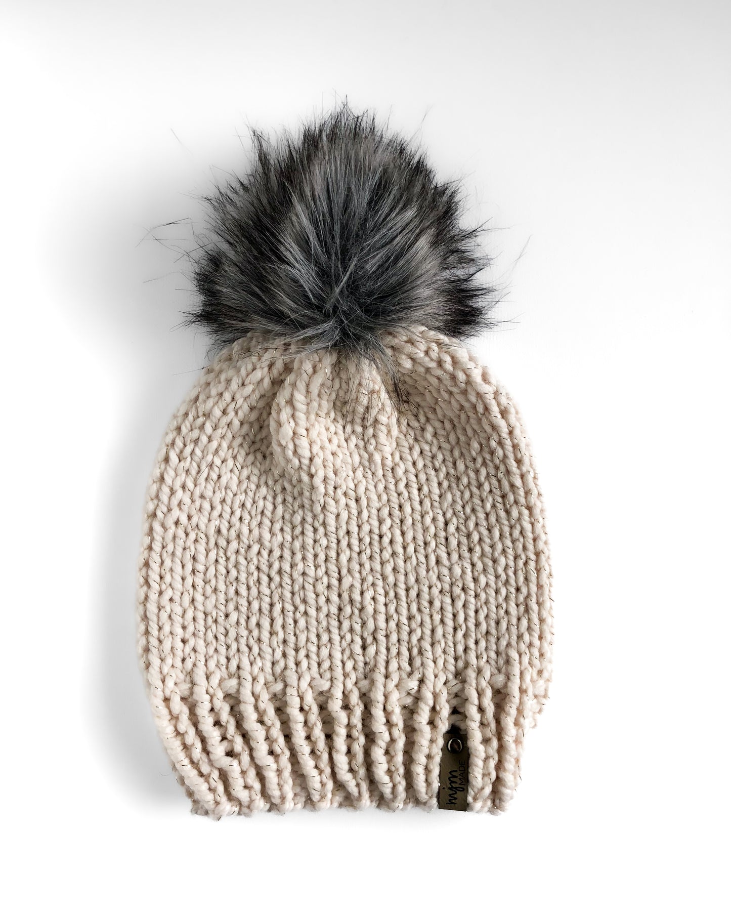 Bulky Hand Knit Pom Beanie - Metallic Gold