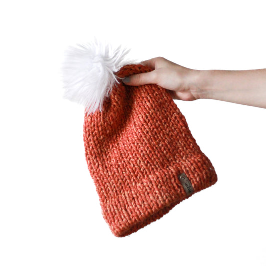 Bulky Hand Knit Pom Beanie - Peach