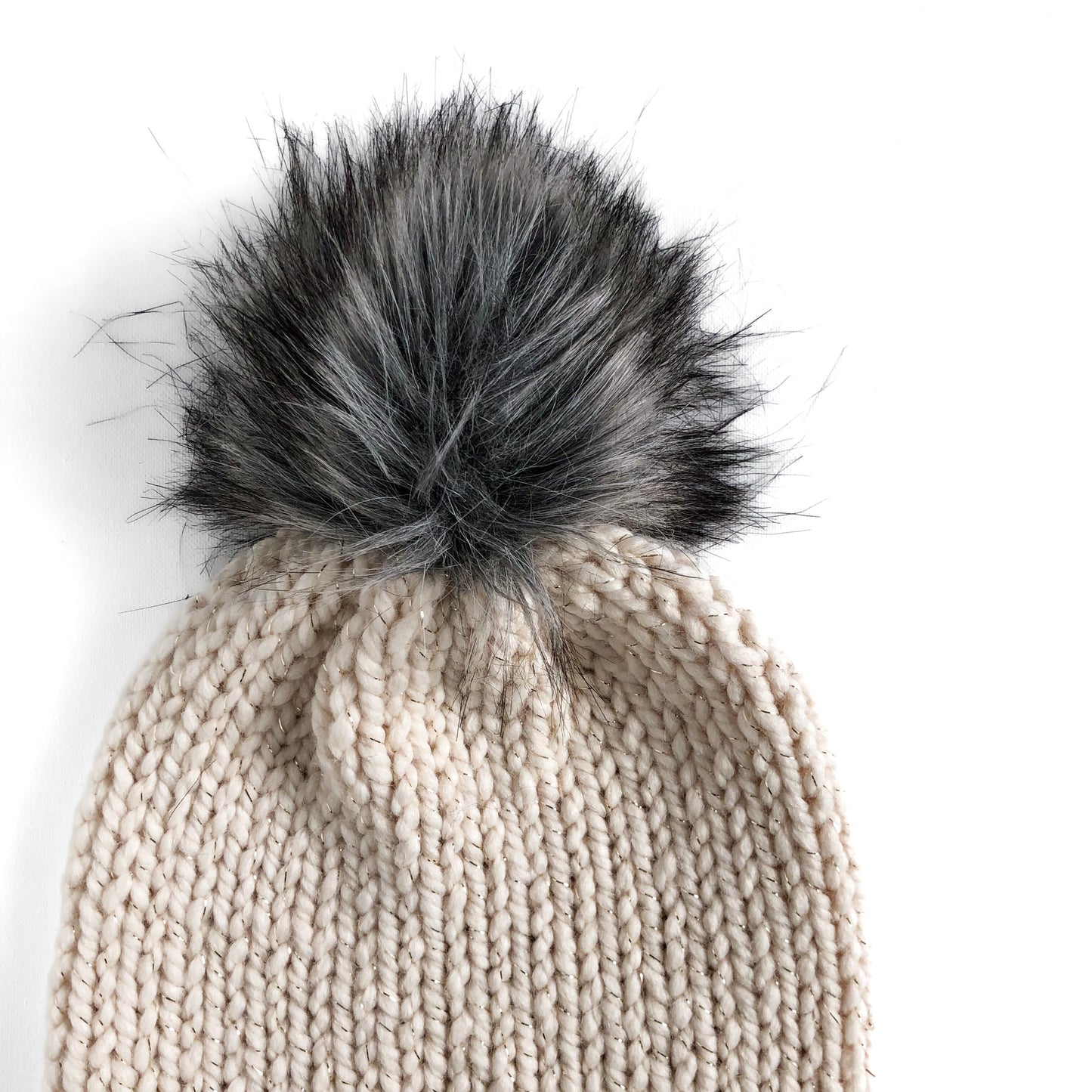Bulky Hand Knit Pom Beanie - Metallic Gold