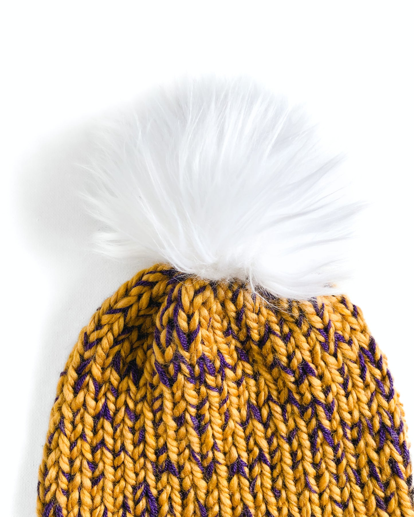 Bulky Hand Knit Pom Beanie - Purple & Gold