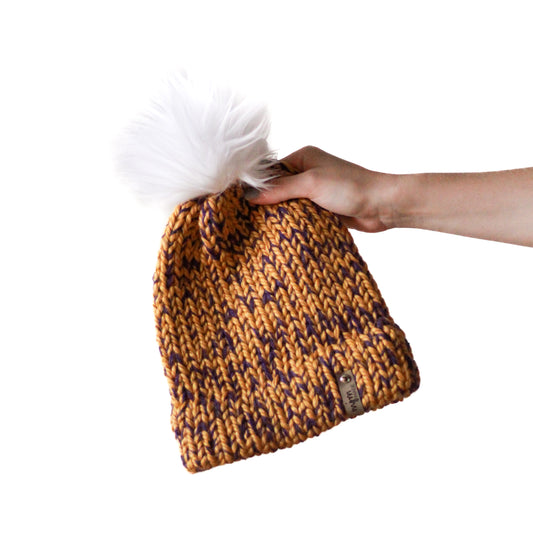 Bulky Hand Knit Pom Beanie - Purple & Gold