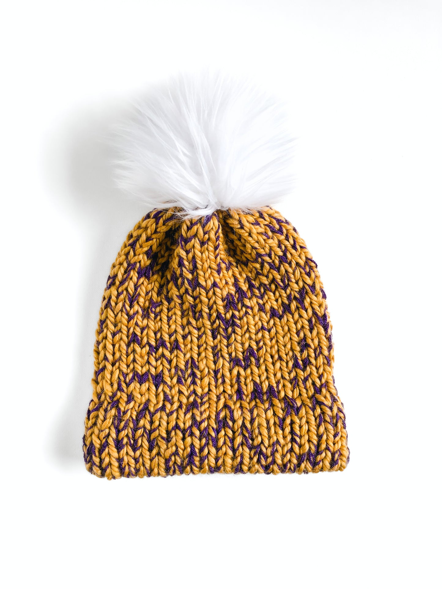 Bulky Hand Knit Pom Beanie - Purple & Gold
