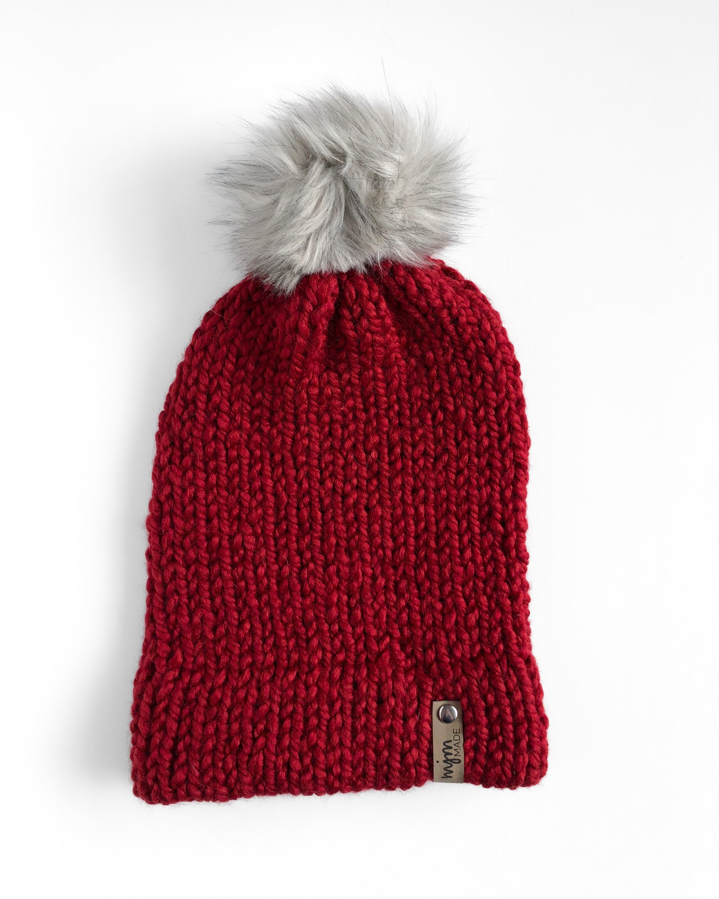 Bulky Hand Knit Pom Beanie - Red