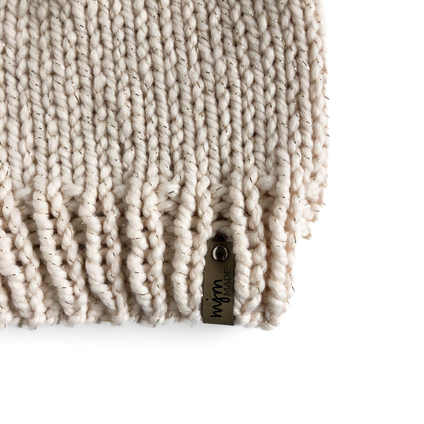 Bulky Hand Knit Pom Beanie - Metallic Gold