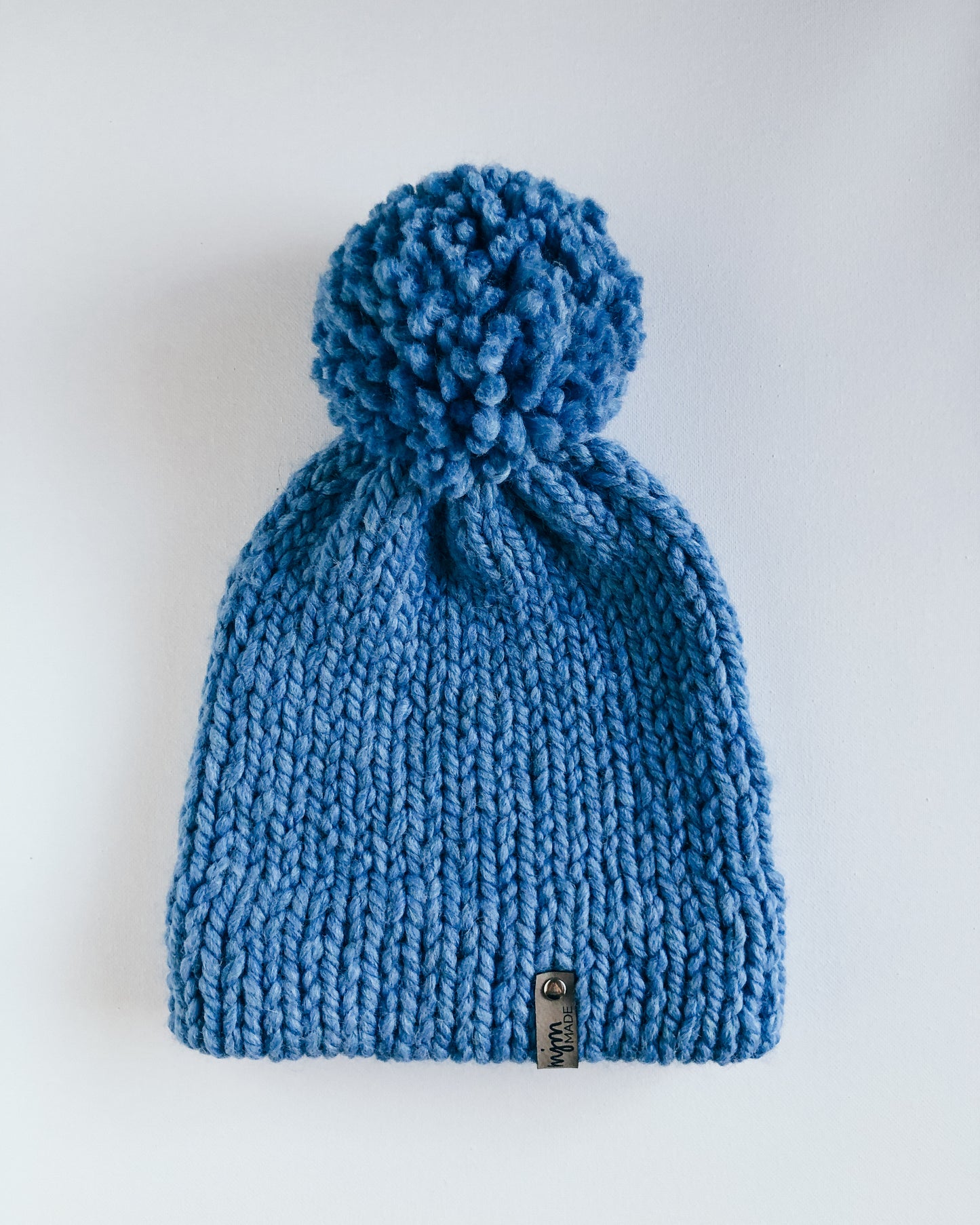 Bulky Hand Knit Pom Beanie - Light Blue