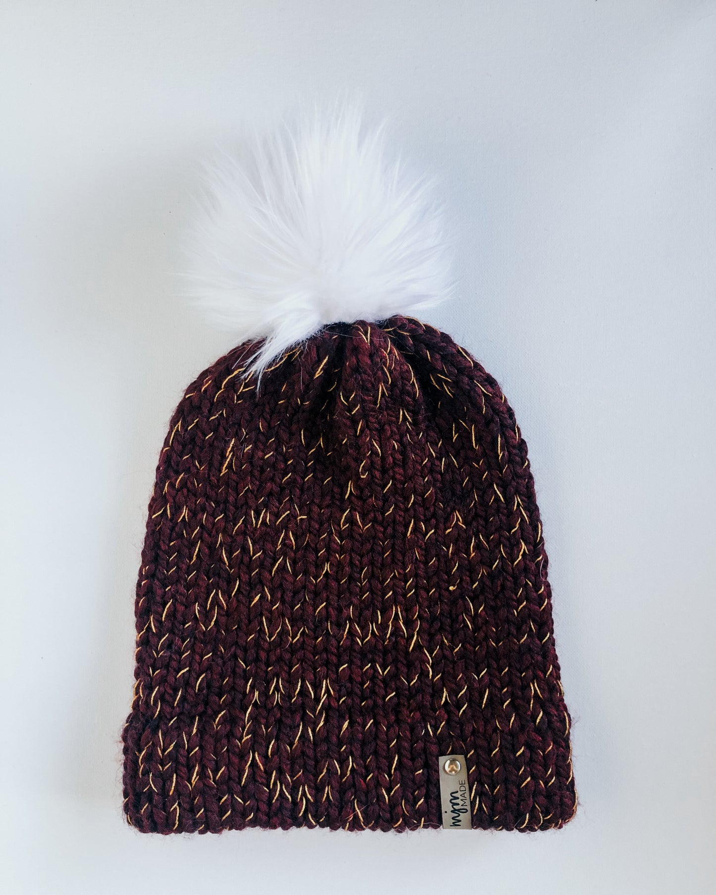 Bulky Hand Knit Pom Beanie - Maroon & Gold