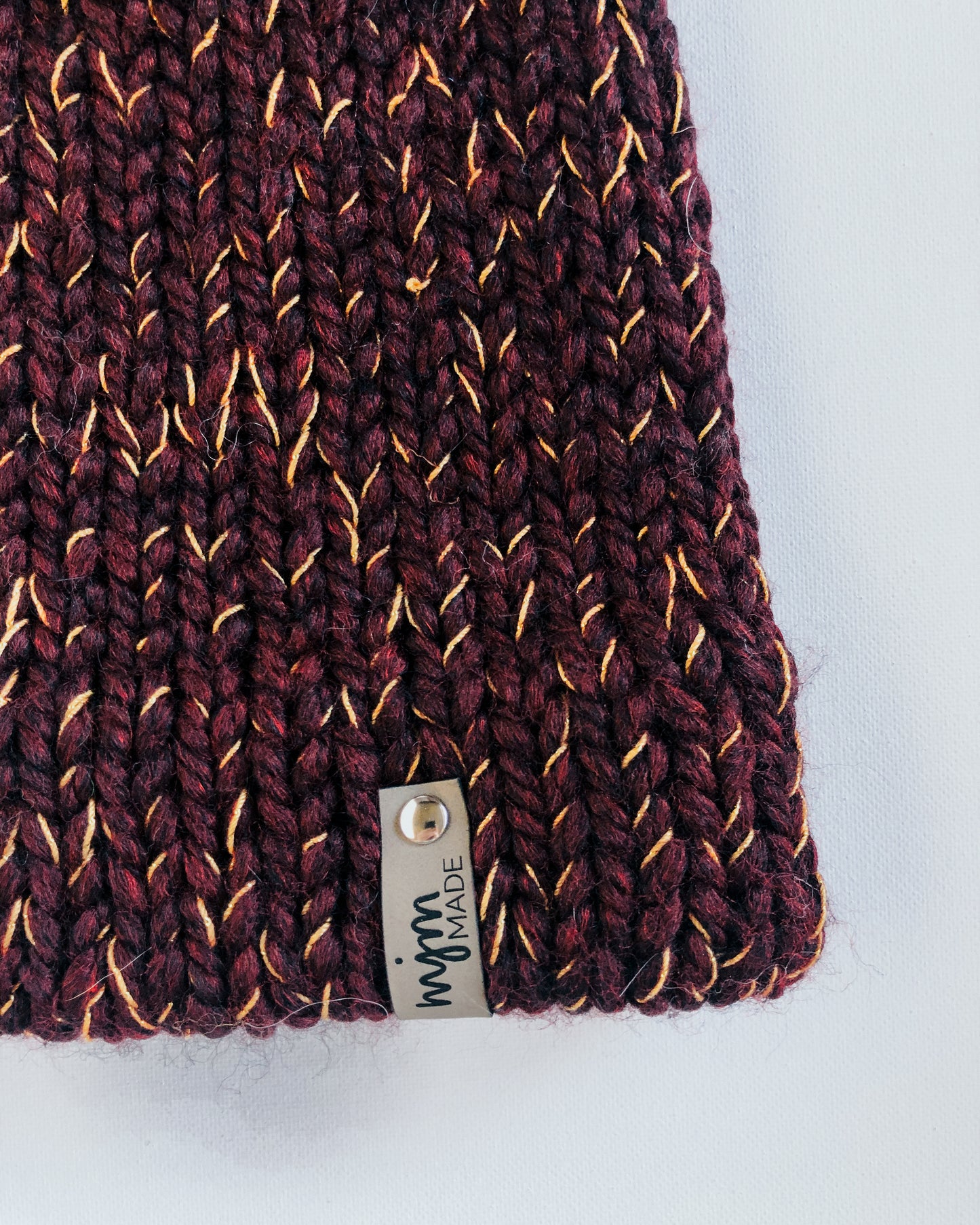 Bulky Hand Knit Pom Beanie - Maroon & Gold