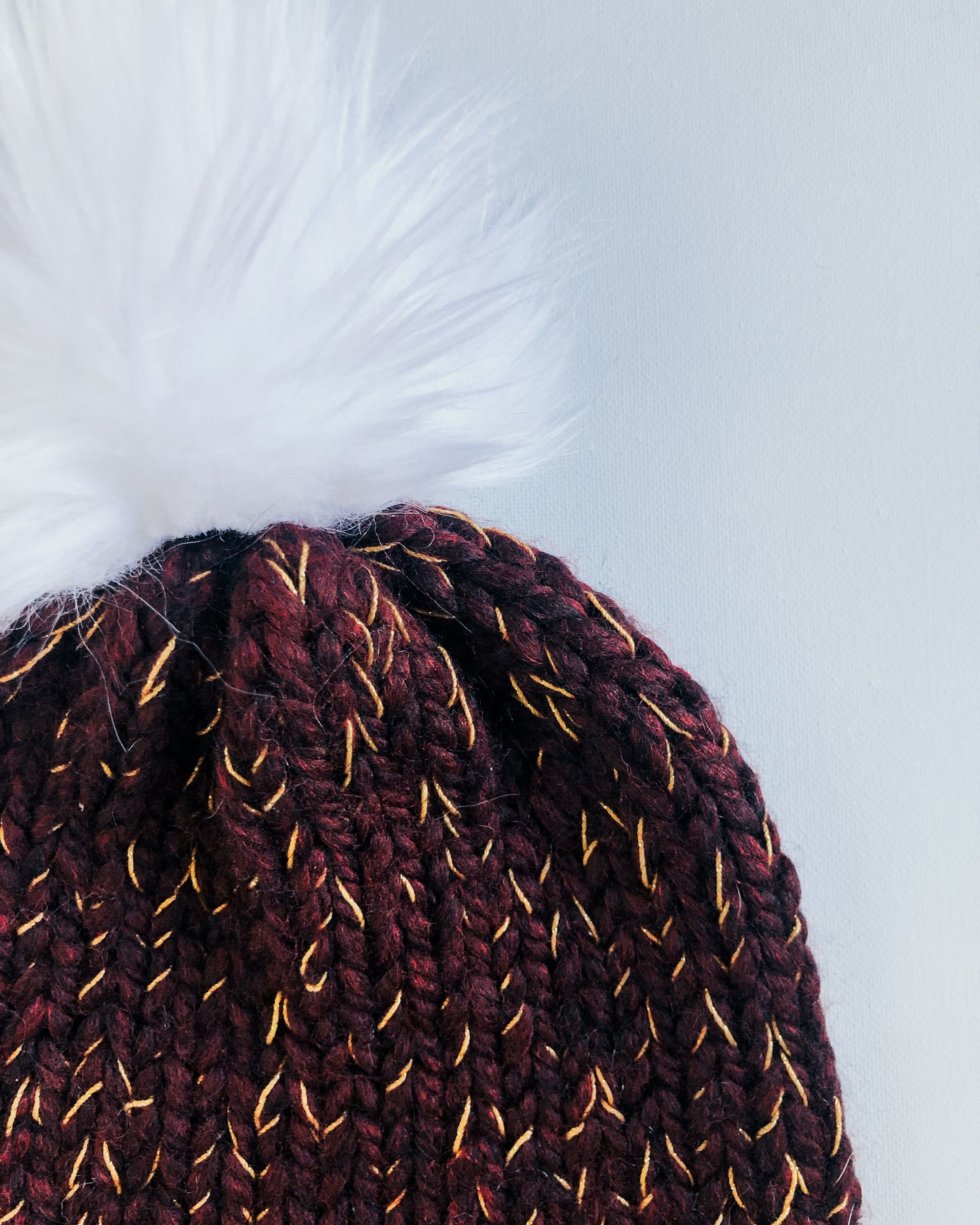 Bulky Hand Knit Pom Beanie - Maroon & Gold