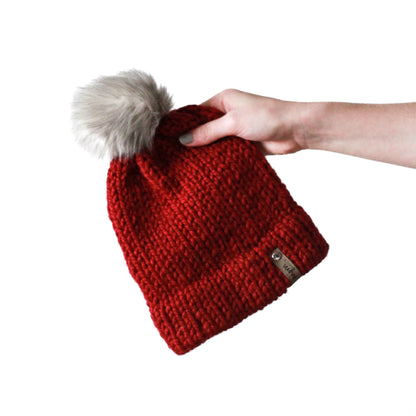Bulky Hand Knit Pom Beanie - Red