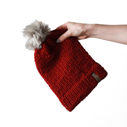Bulky Hand Knit Pom Beanie - Red