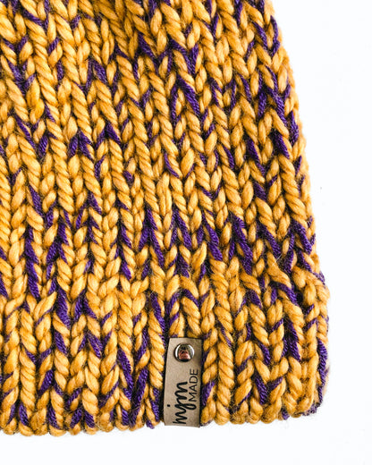 Bulky Hand Knit Pom Beanie - Purple & Gold
