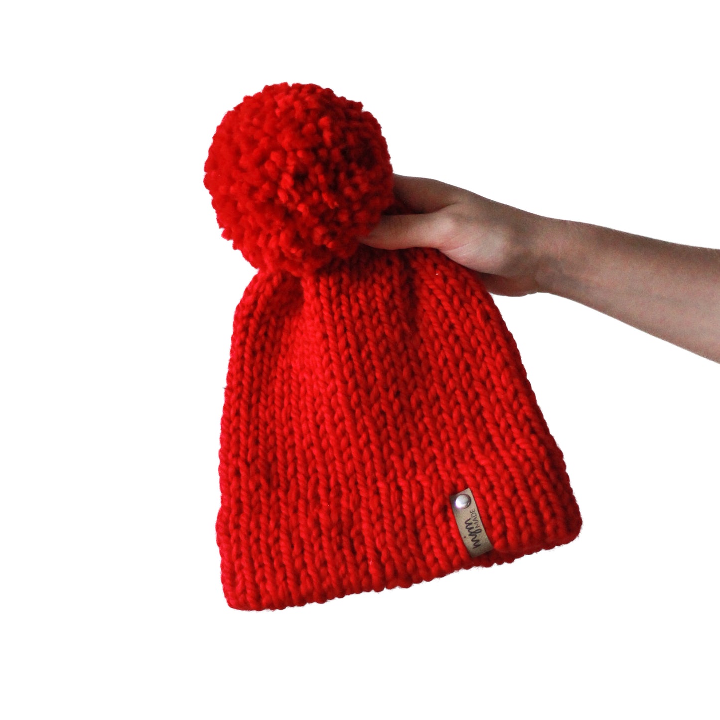 Bulky Hand Knit Pom Beanie - Bright Red